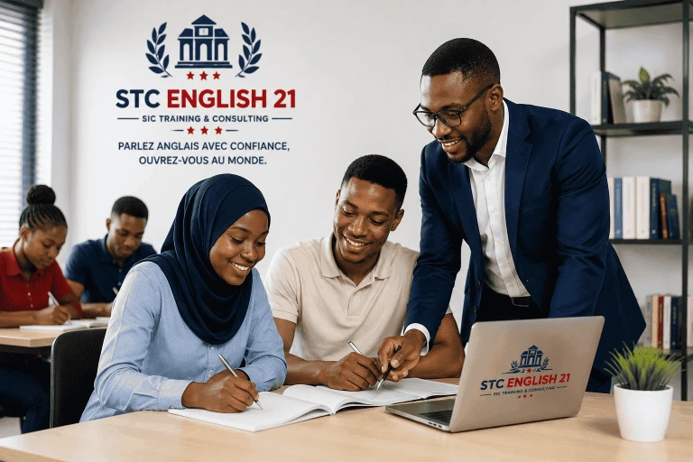 Apprenants suivant une formation d’anglais adaptée à leur niveau et à leurs objectifs chez STC ENGLISH 21.