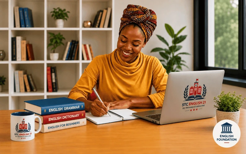 Étudiante suivant le programme English Foundation de STC ENGLISH 21 à Bamako, Mali, avec des livres d’anglais, un cahier et un ordinateur portable.