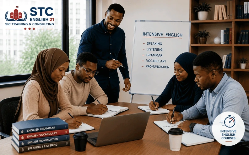 Étudiants pratiquant l’expression orale, la grammaire et le vocabulaire dans le programme Intensive English de STC ENGLISH 21 à Bamako, Mali.