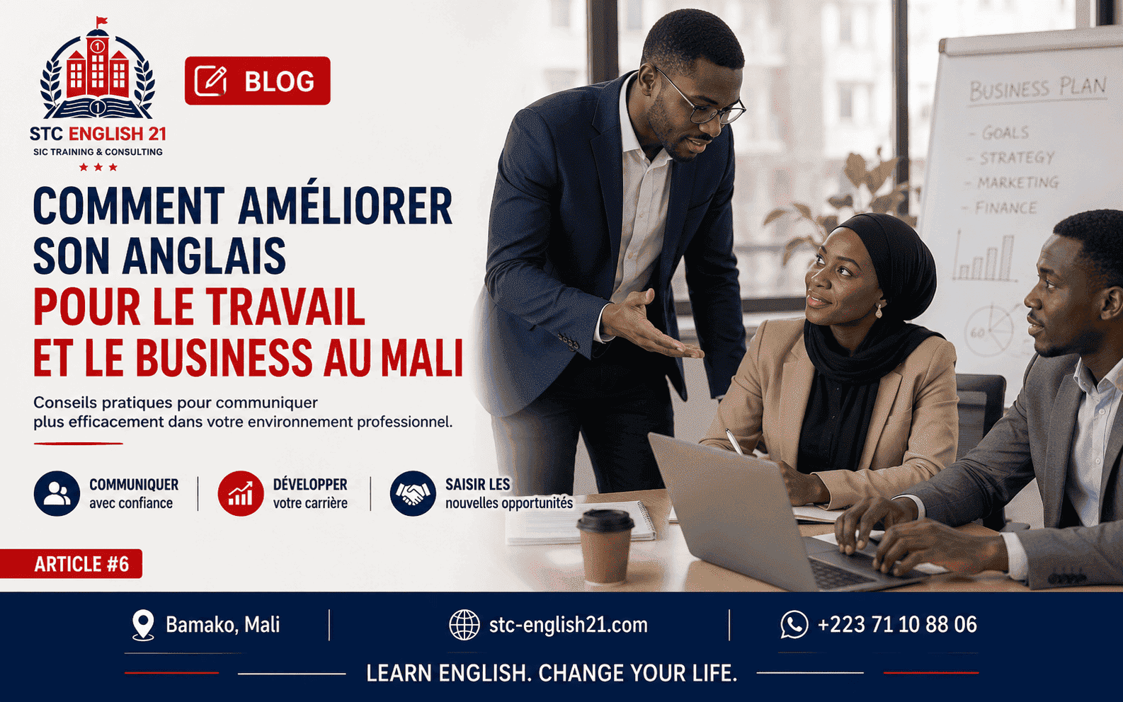 Professionnels maliens pratiquant l’anglais professionnel dans un environnement moderne à Bamako