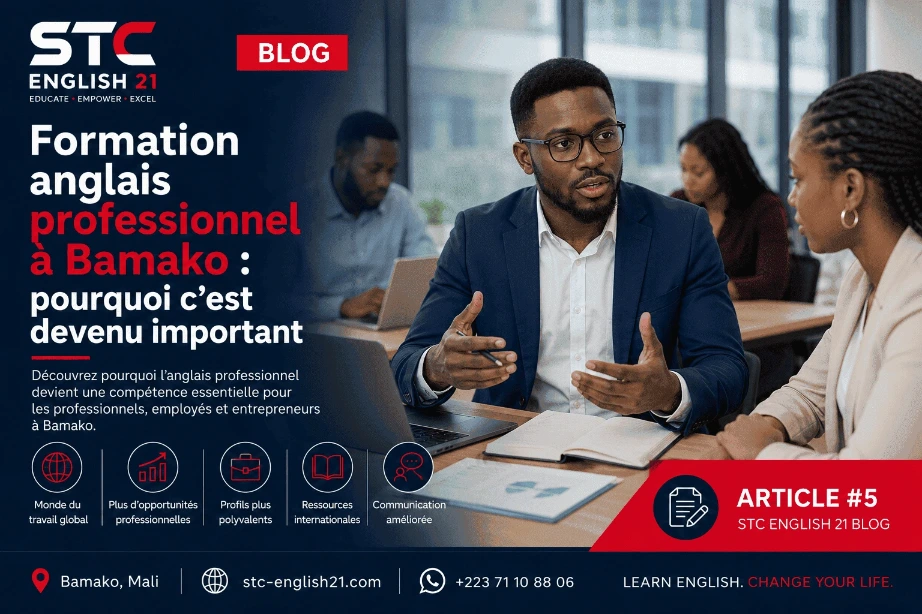 Professionnels maliens développant leurs compétences en anglais dans un environnement moderne de formation à Bamako