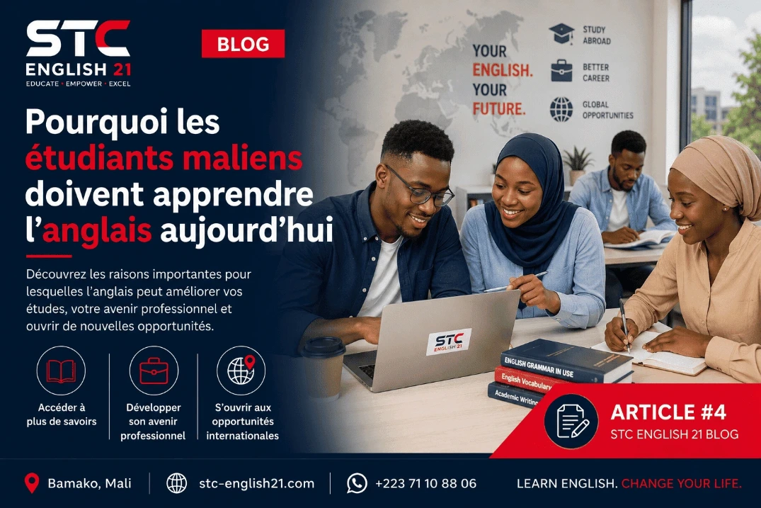 Étudiants maliens apprenant l’anglais dans un environnement moderne et motivant à Bamako