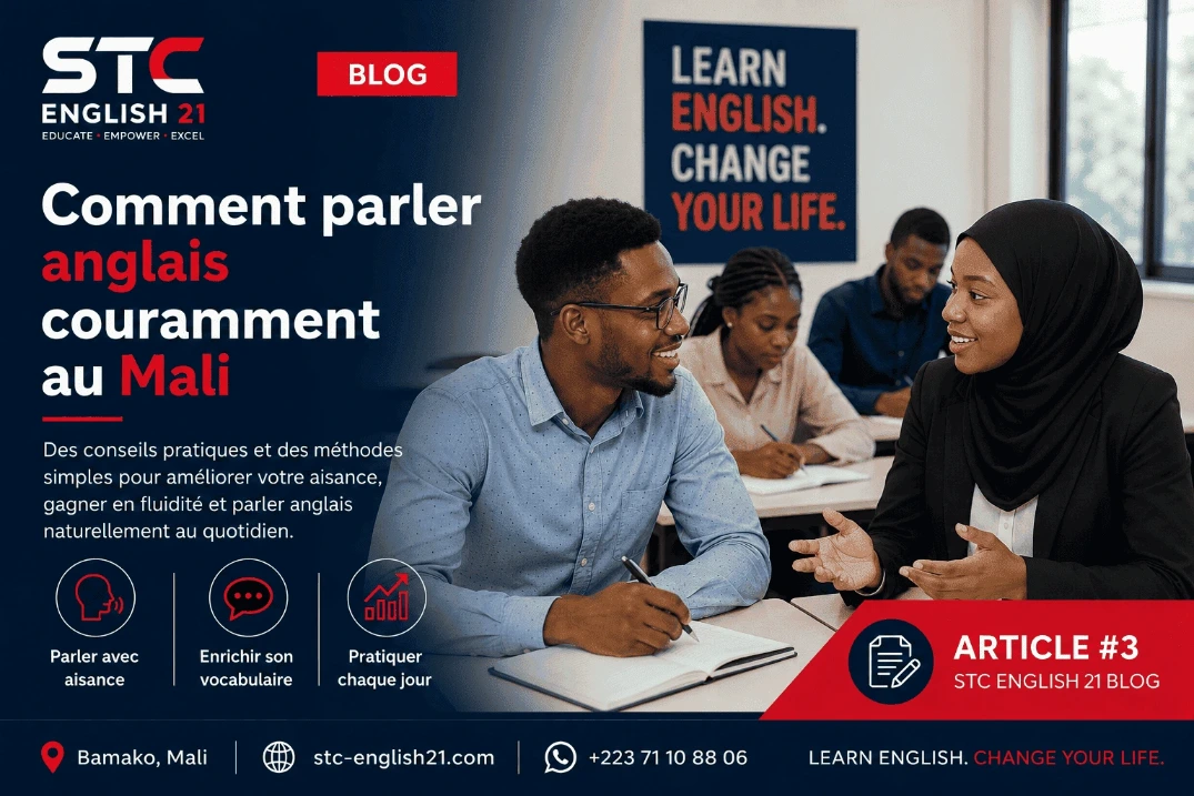 Apprenants pratiquant la communication en anglais dans un environnement moderne au Mali