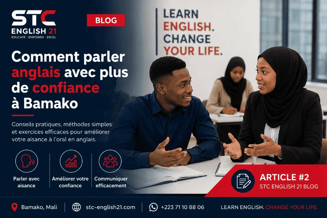 Apprenants pratiquant la communication en anglais dans une salle de cours moderne à Bamako - STC ENGLISH 21